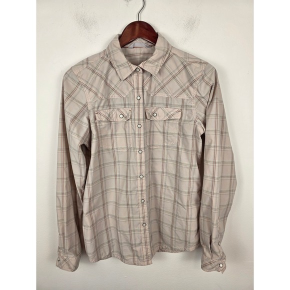 Stio Tops - Stio Womens Large Tan Plaid Western Snap Long Sleeve Technical Hiking Shirt
